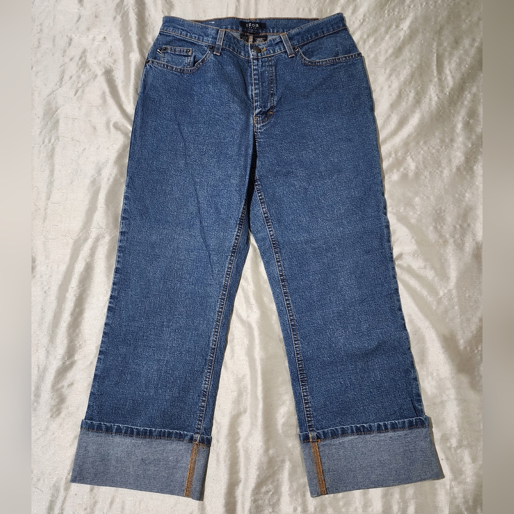 IZOD Jeans Stretch Mid Rise Cuffed Straight Leg Denim Capris